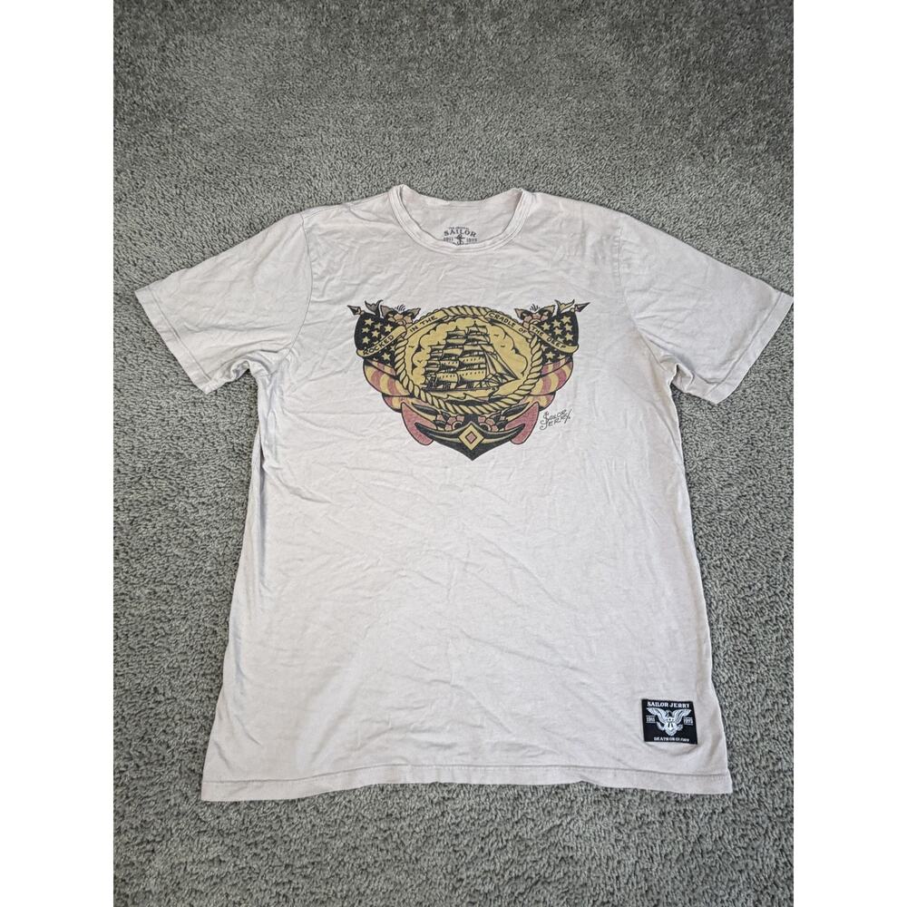 Sailor Jerry Shirt Mens M Beige Tattoo Rum Ship Graphic Crew Neck Cotton USA